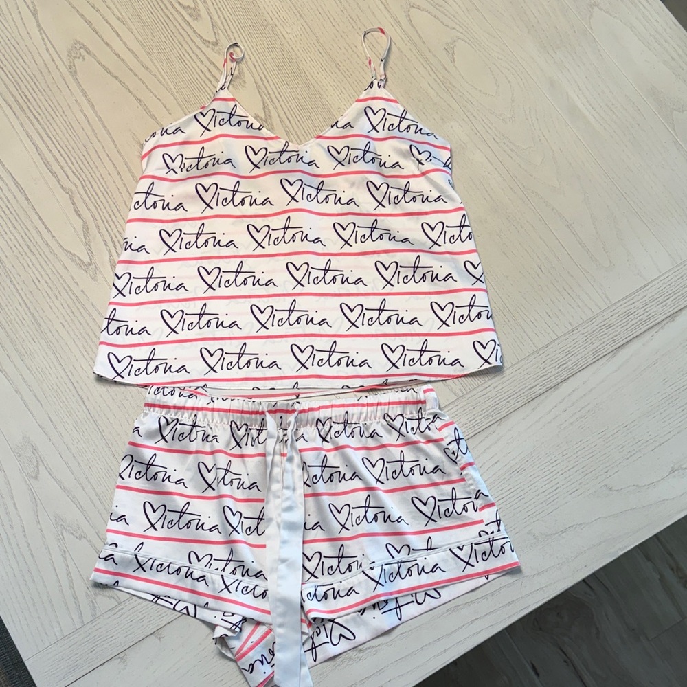 Victoria's Secret White and Red Script Pajama Set